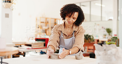 Buy stock photo Pottery, creative and woman in studio with clay for design, sculpture and learning skills in workshop. Artist, small business and person with ceramic object for DIY hobby, craft and handmade product