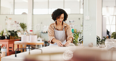 Buy stock photo Pottery, clay and woman in workspace, small business and creativity with skills, product design and texture. Person, artist and entrepreneur in studio, manufacturing and talent with material or hobby