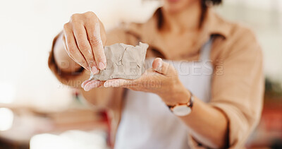 Buy stock photo Workshop, hands and art with clay for pottery, creative design, sculpture and learning skills in studio. Female person, small business and potter in closeup for diy hobby, experience and handmade