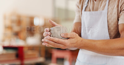 Buy stock photo Pottery, art and hands of man in workshop with clay for design, sculpture and learning skills in studio. Creative, startup and person with ceramic object for DIY hobby, craft and handmade product