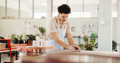 Buy stock photo Workshop, man and art with clay for pottery, creative design, sculpture and learning skills in studio. Male person, small business and potter with craft shape for DIY hobby, experience and handmade