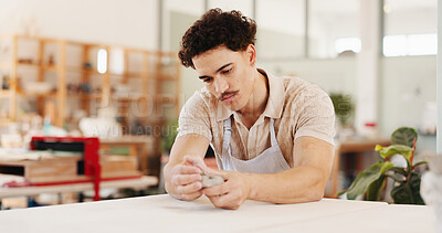 Buy stock photo Pottery, art and man in workshop with clay for design, sculpture and learning skills in studio. Creative, small business and person with ceramic object for DIY hobby, craft and handmade product