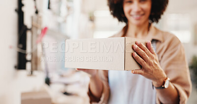 Buy stock photo Packing, parcel and box with woman hands for small business and product with shipping inspection. Sale, delivery and startup with order, shopping and customer information for supplier and shipment