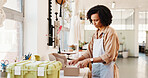 Packing, parcel and box with woman for small business, ceramic and product with shipping inspection. Sale, delivery and startup with order, shopping and customer information for supplier and shipment