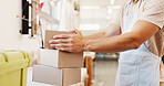 Packing, order and box with man hands for small business and product with shipping inspection. Sale, ecommerce and startup with delivery, shopping and customer information for supplier and shipment