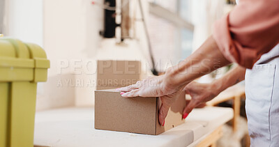 Buy stock photo Packing, delivery and box with woman hands for small business and product with shipping inspection. Sale, ecommerce and startup with order, shopping and customer information for supplier and shipment