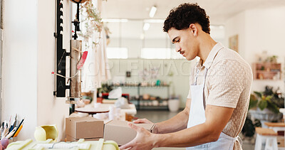 Buy stock photo Packing, delivery and box with man for small business, ceramics and product with shipping inspection. Sale, pottery and startup with order, shopping and customer information for supplier and shipment