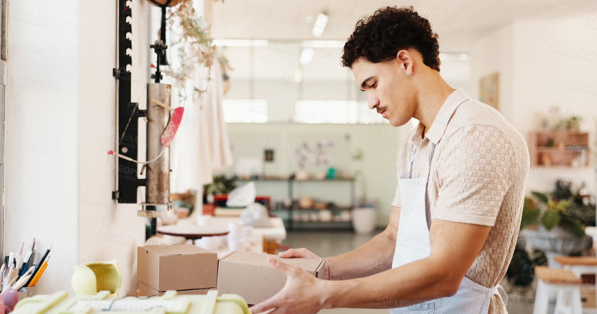 Buy stock photo Packing, delivery and box with man for small business, ceramics and product with shipping inspection. Sale, pottery and startup with order, shopping and customer information for supplier and shipment