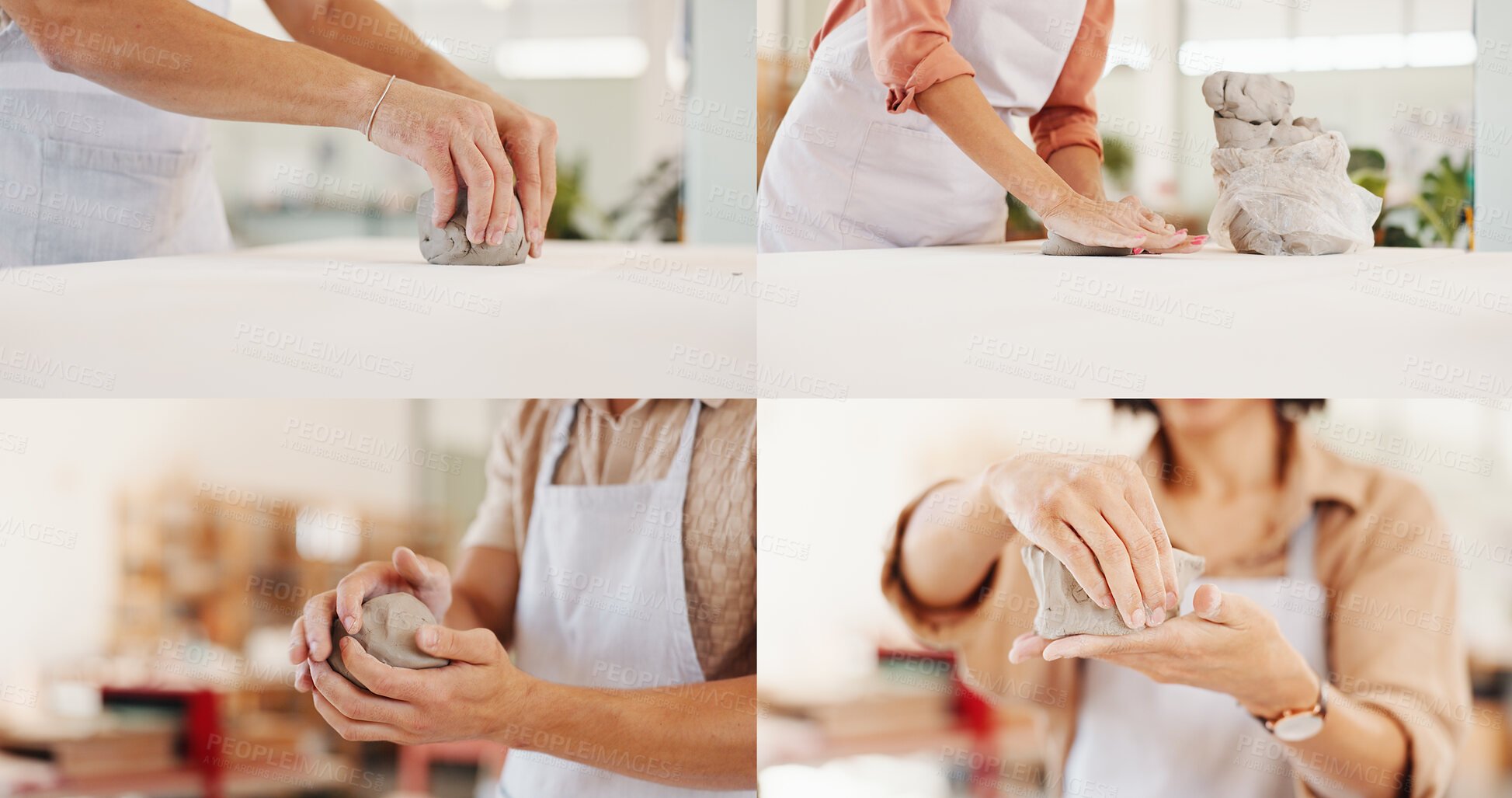 Buy stock photo Pottery, hands and person with collage in studio for handmade sculpture, design process and ceramic shaping. Small business, clay and potter with manufacturing creative artwork for order production