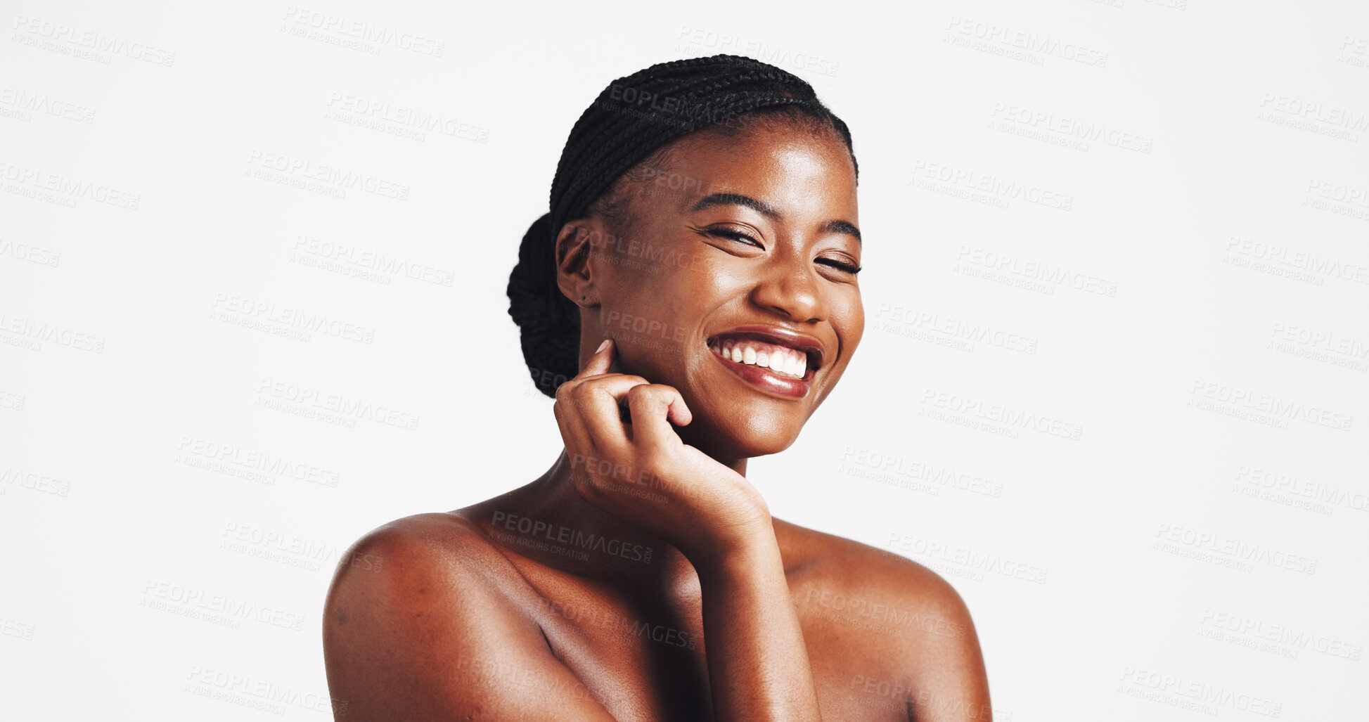 Buy stock photo Makeup, mockup or black woman with smile for beauty, portrait or acne solution on white background. Studio space, face or happy African model with confidence for foundation, skincare shine or glow