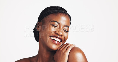 Buy stock photo Space, confident and happy black woman with makeup, beauty or treatment for facial glow or shine. Studio, dermatology and African model with cosmetics for collagen and skincare on white background