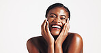 Makeup, shine or black woman with smile for skincare, portrait or acne solution on white background. Studio space, playful or face of happy African girl model with confidence, beauty mockup or glow