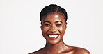 Space, glow or black woman with portrait for beauty, wellness or acne solution on white background. Studio, face or happy African girl model with confidence for makeup, skincare mockup and shine 