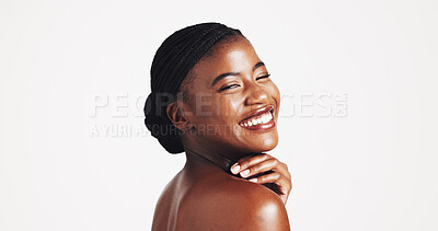Buy stock photo Space, confidence and happy black woman with makeup, beauty or treatment for facial glow or shine. Studio, portrait and proud African model with cosmetics for collagen or skincare on white background
