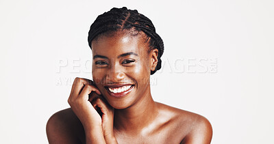 Buy stock photo Space, beauty and happy black woman with makeup, confidence or treatment for facial glow or shine. Studio, portrait and proud African model with cosmetics for collagen or skincare on white background