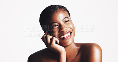 Buy stock photo Makeup, thinking or black woman with smile for beauty, cosmetics or acne solution on white background. Studio space, cosmetology or African model with ideas for foundation, skincare or glowing shine