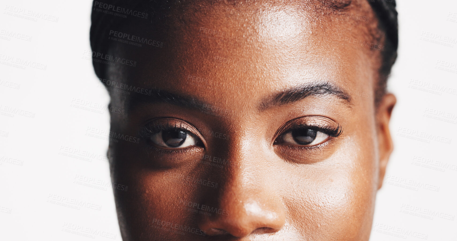 Buy stock photo Eye, lashes and beauty with portrait of black woman in studio for makeup, mascara and skincare. Glow, shine and aesthetic with closeup of person on white background for cosmetics and self care
