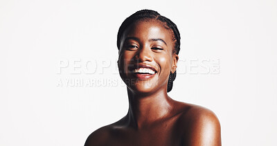 Buy stock photo Space, portrait or black woman with glow for skincare, wellness and face cosmetics on white background. Studio, smile or happy African girl model with confidence for makeup, beauty mockup and shine