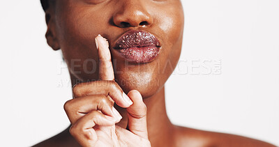 Buy stock photo Beauty, lip scrub and cosmetics with black woman in studio for exfoliation, spa treatment and skincare. Sugar, facial and dermatology with closeup of person on white background for self care