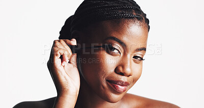 Buy stock photo Mascara, portrait or confident black woman with makeup, skincare space or beauty in studio on white background. Cosmetics brush, application or girl model with eyelash extensions for volume or length