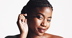 Mascara, portrait or confident black woman with makeup, skincare space or beauty in studio on white background. Cosmetics brush, application or girl model with eyelash extensions for volume or length