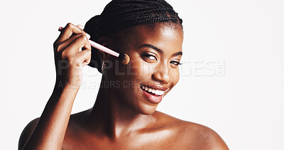 Buy stock photo Makeup, brush and portrait of black woman for beauty, cosmetics and glamour on white background. Studio space, cosmetology and African girl model with smile for foundation, skincare and application