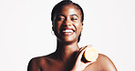 Happy, black woman and portrait with lemon for vitamin C, skincare or detox on a white studio background. Female person, model or smile with citrus fruit for natural organic treatment on mockup space