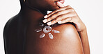 Sunscreen, shoulder and cream with woman in studio for sun protection, skincare and uv ray safety. Beauty, self care and dermatology with closeup of person on white background for spf benefits