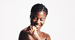 Skincare, happy and black woman with fruit in studio for wellness, organic cosmetics or vitamin c, Dermatology, spa and person squeeze lemon for natural beauty, health or benefits on white background