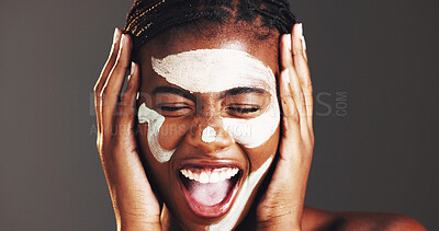 Buy stock photo Excited, skincare and clay mask with black woman in studio for facial, spa results success or dermatology. Cosmetics, self care and pore cleaning benefits with person on dark background for happiness