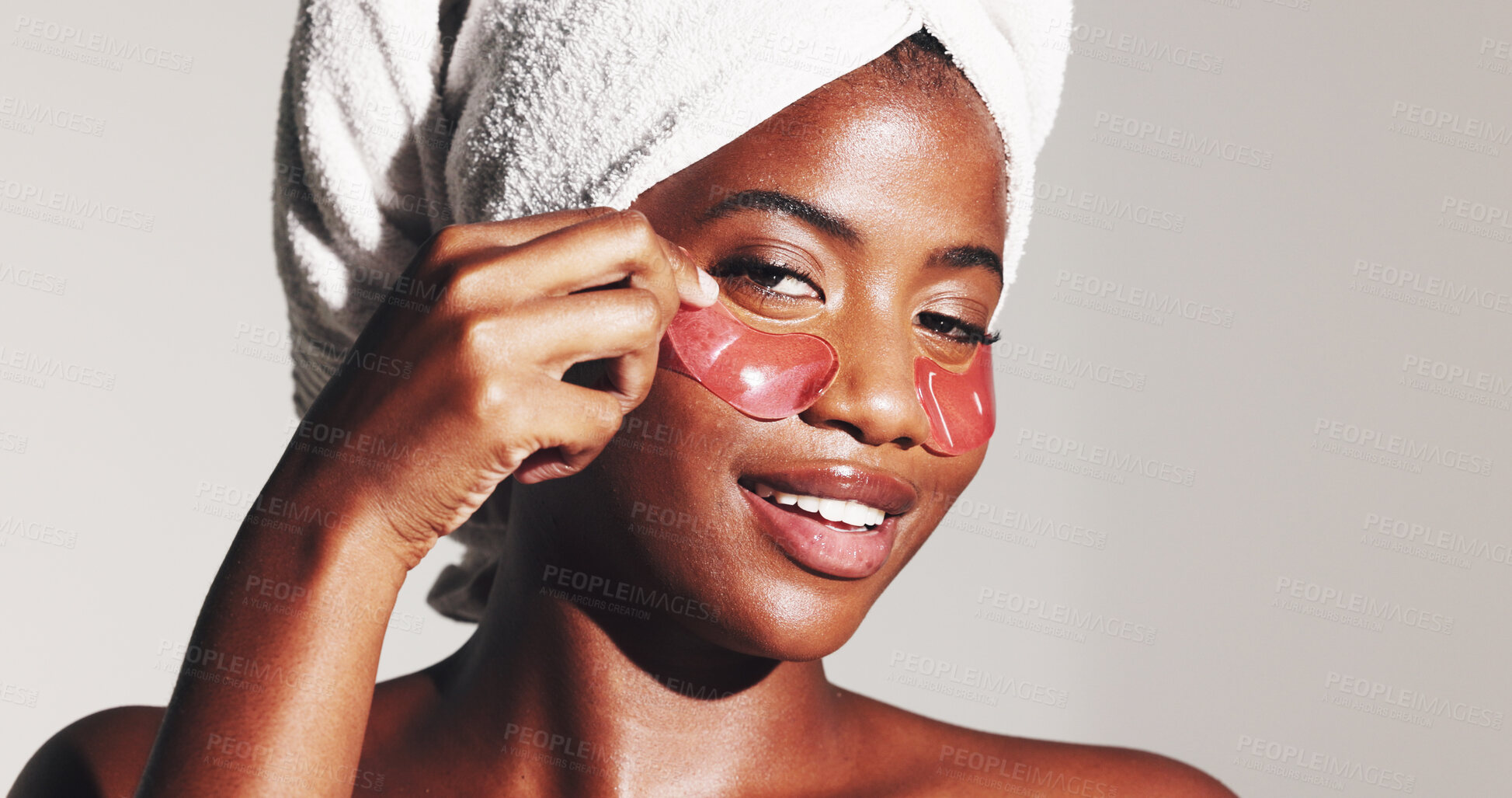 Buy stock photo Portrait, beauty and eye patches with black woman in studio for dermatology, self care and spa treatment. Glow, collagen mask and skincare with person on white background for shine and facial