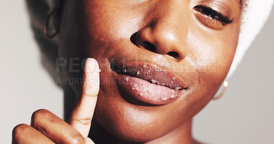 Buy stock photo Beauty, lip scrub and sugar with black woman in studio for exfoliation, spa treatment and skincare. Cosmetics, facial and dermatology with closeup of person on white background for self care