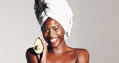 Buy stock photo Happy, black woman and skincare portrait with avocado for omega3, wellness or detox on white studio background. Glow, beauty or African model with natural fruit for organic treatment on mockup space