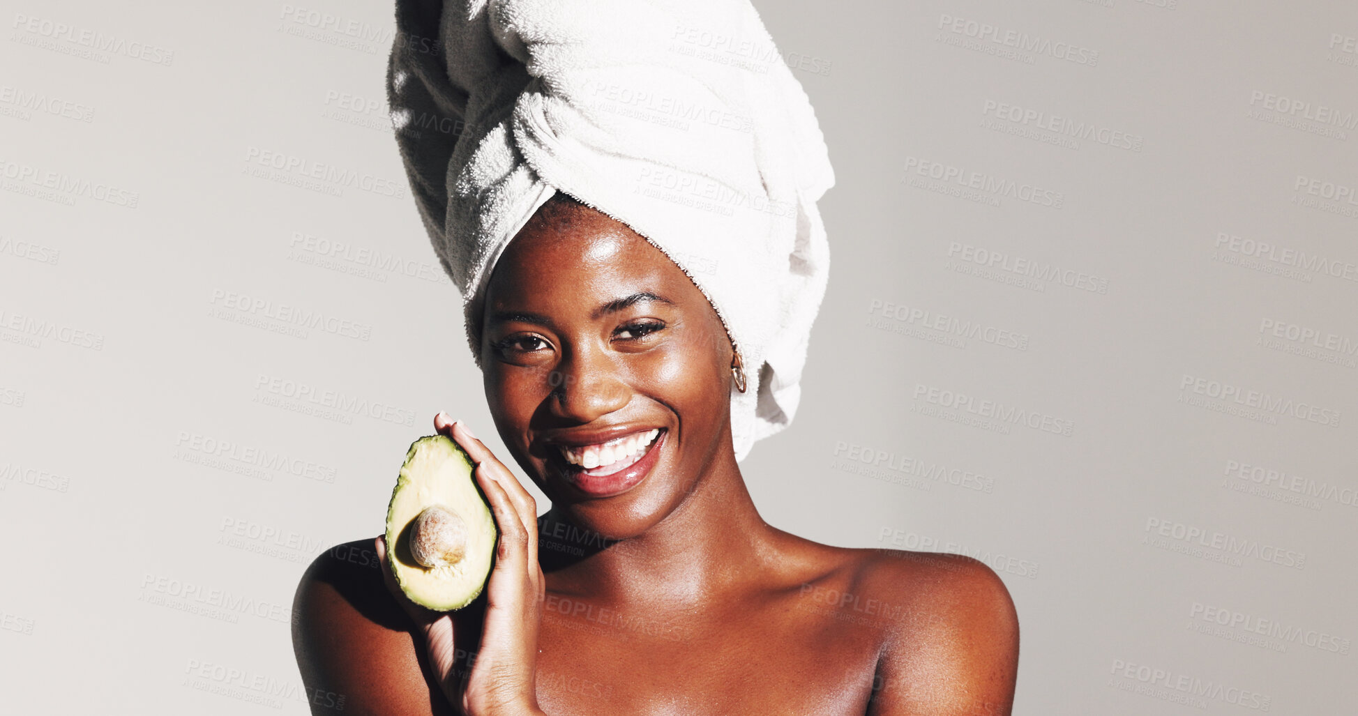 Buy stock photo Happy, black woman and skincare portrait with avocado for omega3, wellness or detox on white studio background. Glow, beauty or African model with natural fruit for organic treatment on mockup space