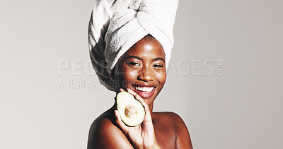 Buy stock photo Skincare, avocado and portrait with black woman in studio for natural cosmetics, beauty and vitamin a. Omega 3 oil, antioxidants and self care with person on white background for hydration and spa