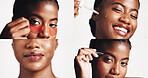 Collage, beauty and glow with black woman in studio for skincare treatment, serum benefits and hydration. Collagen, shine and ant aging with person on white background for cosmetics and self care