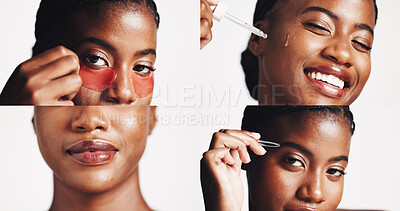 Buy stock photo Collage, beauty and glow with black woman in studio for skincare treatment, serum benefits and hydration. Collagen, eye mask and lipgloss with person on white background for cosmetics and epilation