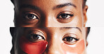 Portrait, collage and eye patches with black woman in studio for dermatology, self care and spa treatment. Glow, collagen mask and skincare with closeup of person on white background for facial