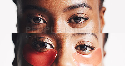 Buy stock photo Portrait, collage and eye patches with black woman in studio for dermatology, self care and spa treatment. Glow, collagen mask and skincare with closeup of person on white background for facial