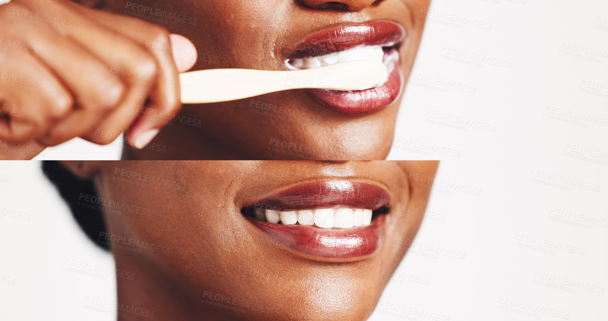 Buy stock photo Toothbrush, smile and mouth of woman in studio for wellness, brushing teeth and cleaning. Closeup, whitening and collage of person for oral care, dental health and grooming on white background