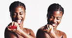 Skincare, collage and black woman with fruit in studio for wellness, organic cosmetics or vitamin c, Dermatology, spa and person with citrus for natural beauty, health or benefits on white background