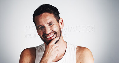 Buy stock photo Smile, portrait and beauty with man in studio for anti aging, dermatology and collagen product. Skincare, wrinkle treatment and happy with person on white background for cosmetics and facial