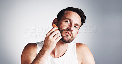 Buy stock photo Portrait, comb and man with beard in studio for wellness, grooming and haircare on white background. Skincare, space and person with tools for facial hair, growth and styling for morning routine