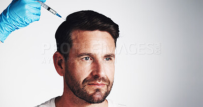 Buy stock photo Scalp, needle and beauty with man in studio for prp injection, hair growth and aesthetic treatment. Collagen benefits, anti aging and cosmetics with mature person and hand on white background