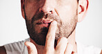 Beauty, lip scrub and sugar with man in studio for exfoliation, spa treatment and skincare. Cosmetics, facial and dermatology with closeup of person on white background for self care and glow