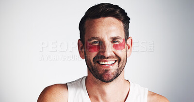 Buy stock photo Portrait, skincare or man with smile, eye patch or cosmetics for beauty, wrinkles or space. Studio, white background or mature person with facial collagen pads, anti aging dermatology or hydration