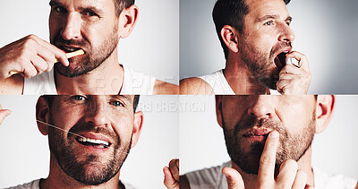 Buy stock photo Man, collage and dental care with smile in studio, floss and spray for cleaning mouth by white background. Person, toothbrush and teeth whitening with oral wellness, portrait and hygiene in Portugal