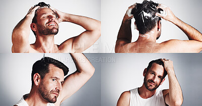 Buy stock photo Collage, hair care and beauty with man in studio for shampoo, scalp health serum and dandruff treatment. Growth, texture and grooming with mature person on white background for cosmetics and oil