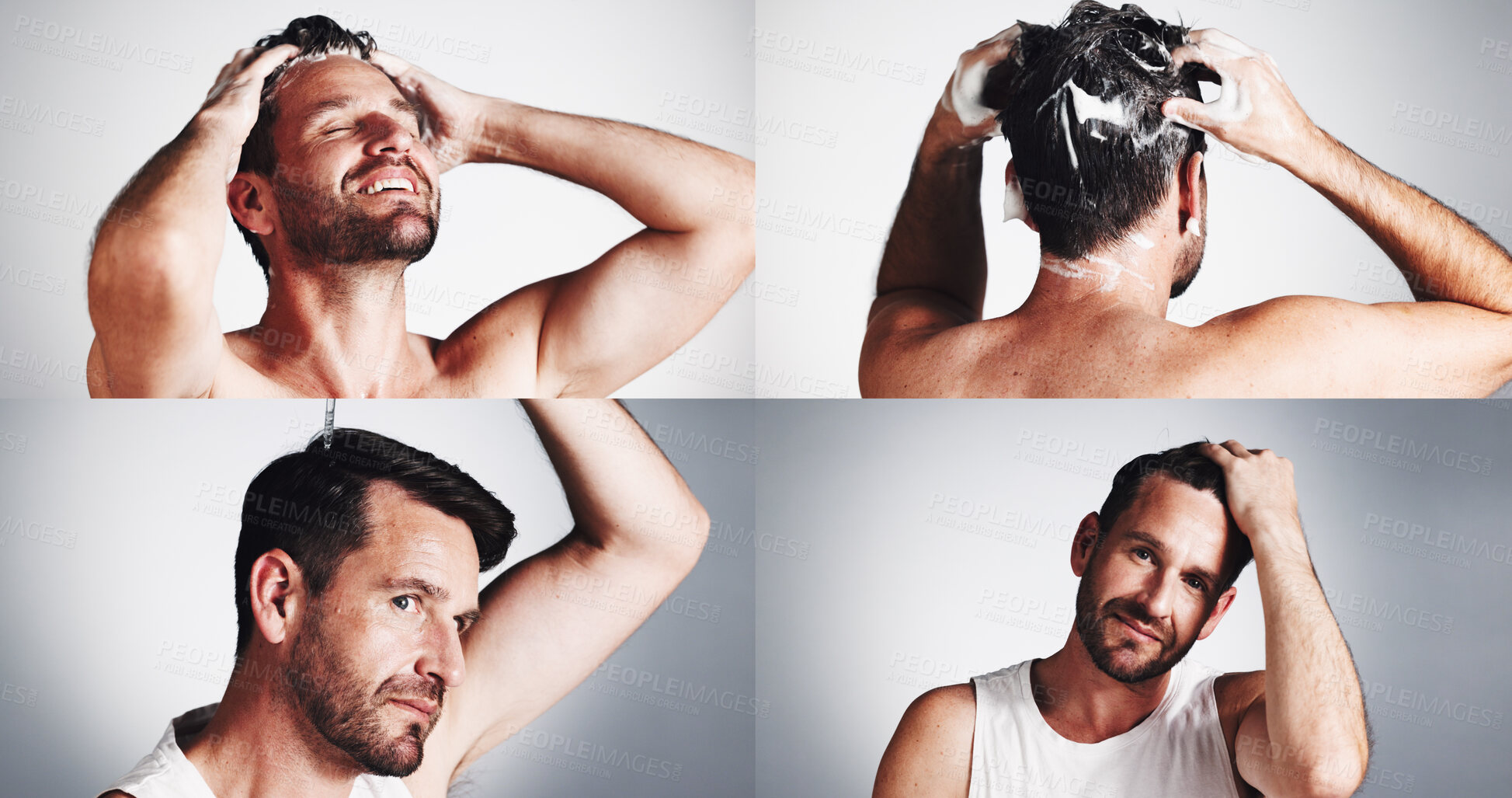Buy stock photo Collage, hair care and beauty with man in studio for shampoo, scalp health serum and dandruff treatment. Growth, texture and grooming with mature person on white background for cosmetics and oil