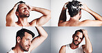 Collage, hair care and beauty with man in studio for shampoo, scalp health serum and dandruff treatment. Growth, texture and grooming with mature person on white background for cosmetics and oil